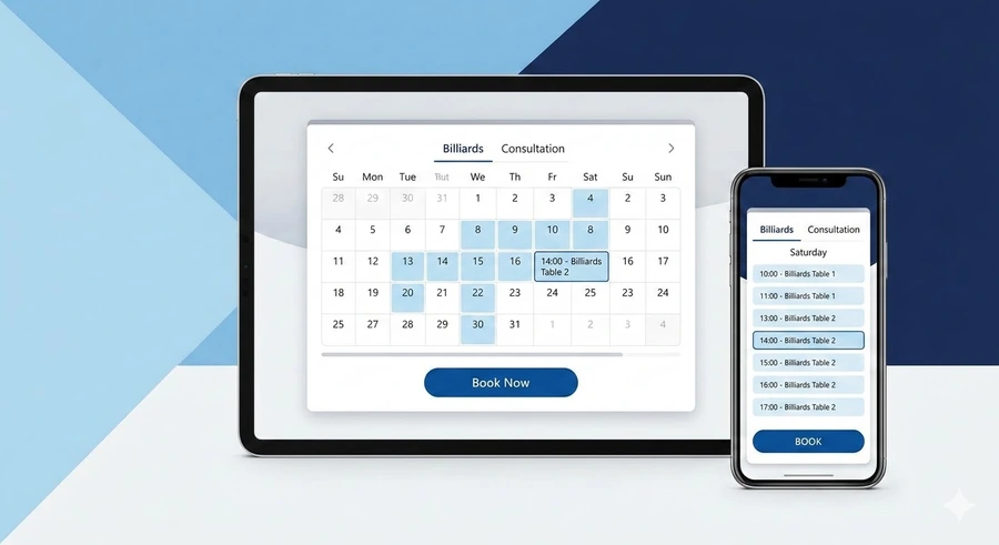 Booking module interface: service selection, calendar with available time slots, and instant booking confirmation button