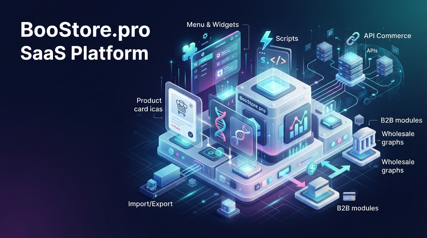 Full functionality of the SaaS platform BooStore: product card, variants, B2B, payment, delivery, import/export, SEO, API, menu, design editor
