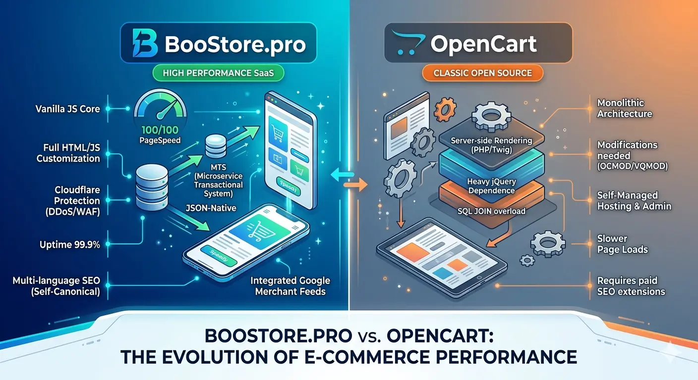 BooStore.pro and OpenCart infrastructure comparison: PageSpeed performance, Vanilla JS architecture, and built-in ad feeds