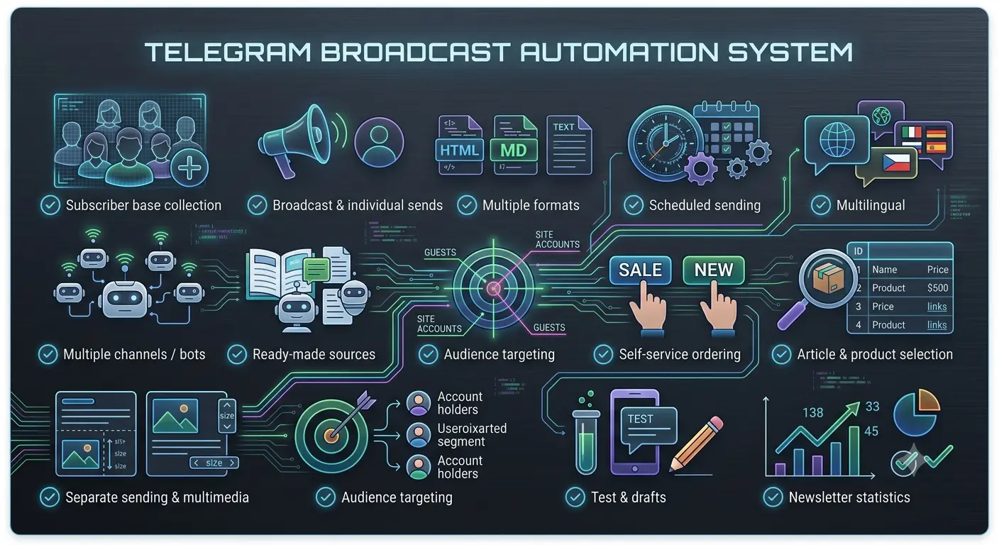 Telegram sales automation: collect subscribers, send messages, products and promotional offers